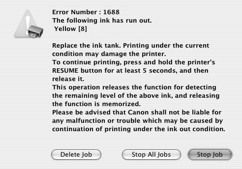 If printing is in progress and you want to continue printing, press the RESUME/CANCEL button with the ink tank installed. Then printing can continue.