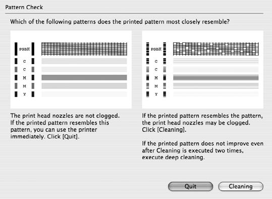 Example: When white streaks appear 2 When cleaning is necessary, click Cleaning on the Pattern Check dialog box.
