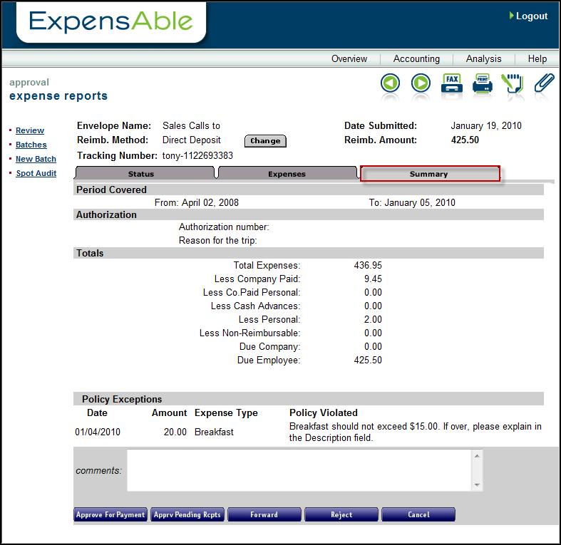 6. Click the Summary tab to display totals vs. individual expense items, reimbursable vs.