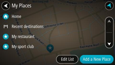 A list of all your Places opens. 3. Select the Place you want to navigate to, for example Home. Your chosen Place is shown on the map with a pop-up menu. 4.
