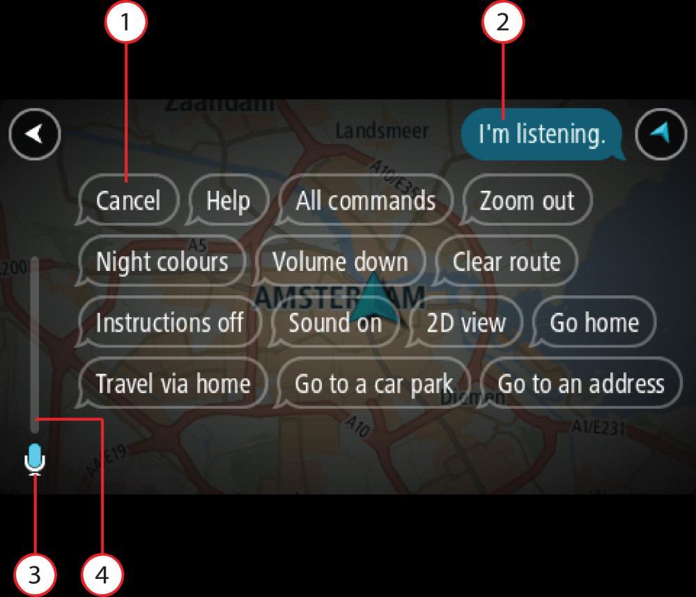 The voice control screen 1. Examples of what you can say. Tip: Say "All commands" to see a list of commands you can say.