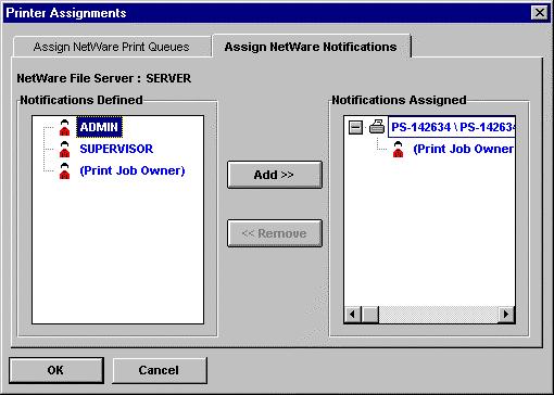From the Assign NetWare Notifications tab, you can determine which users are notified if a problem occurs with the print job.