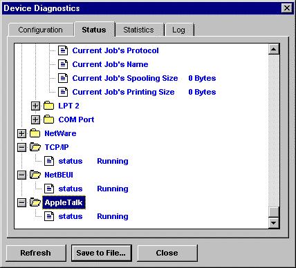 The Status tab shows the status of the print server s various subsystems.