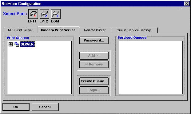 4. Click on the port button corresponding to the port you want to serve the print queue. 5. Click on the name of the NetWare file server where you wish the print queue to be stored.