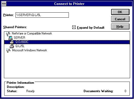 2. In the Print Manager, choose Connect to Printer... from the Printer menu. 3. Enter the network path for the NetWare file server, specifying which print queue you want to connect to.