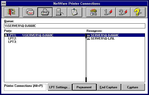 5. Click the Network... button to display the NetWare printer connections dialog. (If you are using Windows for Workgroups, you will also have to push the NetWare.