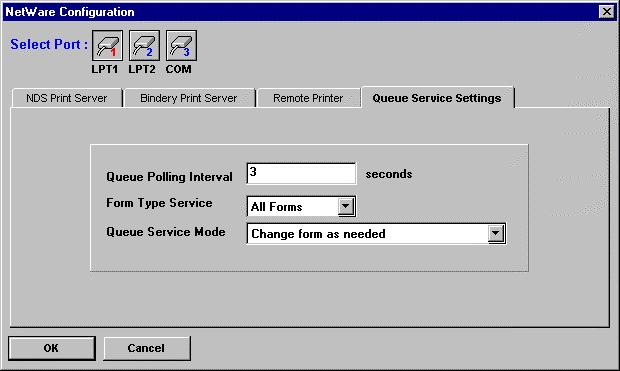 To access the Queue Service Settings tab, 1. Choose Netware Protocol... from the PS Admin Configuration menu, or click the Configure NetWare button in the toolbar.