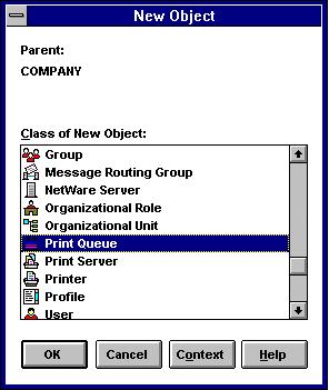 1. Start the NWADMIN program. Expand the tree to display the context in the tree where you want to place the print server, and select the context. 2. Choose Create... from the Object menu.