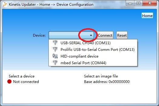 3.3 Device configuration page The Kinetis Updater user interface The device configuration page is used to select the device that the application image writes to.