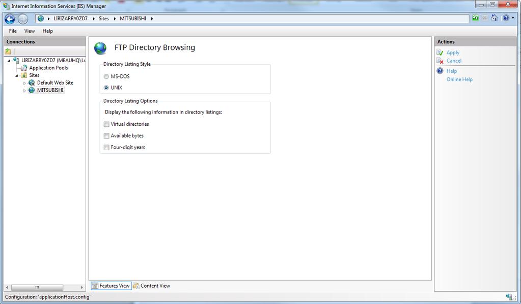 5.1 Windows 7 Fig. 5-15 Select the created site (MITSUBISHI), then select FTP Directory Browsing. Fig. 5-16 Set the FTP Directory Browsing as below, and select Apply.