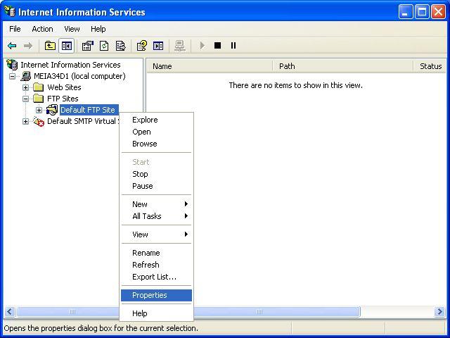 5.2 Windows XP Fig. 5-39 Select Internet Information Services. Fig. 5-40 Right-click here Right-click Default FTP Site from among FTP Sites and select Properties.