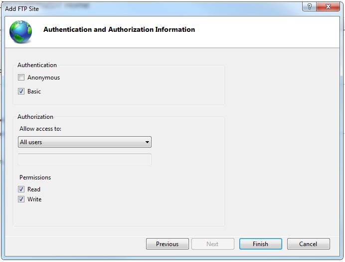 5.1 Windows 7 Fig. 5-12 Set as below and select Finish. Authentication Select Basic Authorization Allow access to: Tick All users, Read and Write Fig.