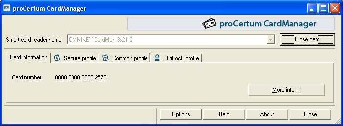 Figure 13: Window of procertum CardManager application with visible tabs of profiles After the card was recognized, the number of the card and all the profiles found on the card are visible