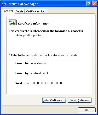 Figure 41: Window informing about completed operation of the certificate registration Note! The above procedure registers all the certificates located on the card in the operating system Windows.