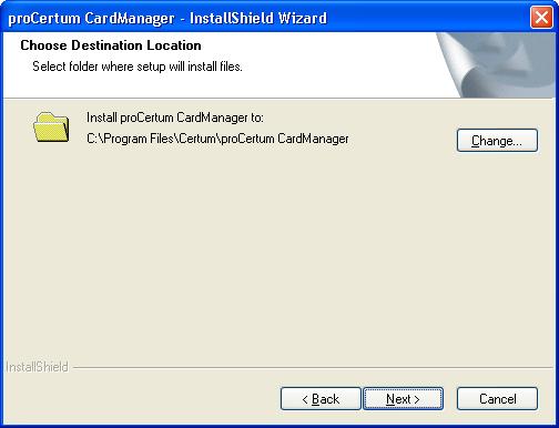 The next step will be the selection of the location, where the files of procertum CardManager application should be installed. Defaults to: C:\Program Files\Certum\proCertum CardManager.