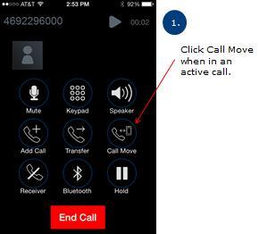 Call Move (Mobile to Desk) - VoIP If the app is in VoIP mode, you can move an active call from your mobile phone to your enterprise desk phone, by following these steps: Figure 7 Call Move Steps Call