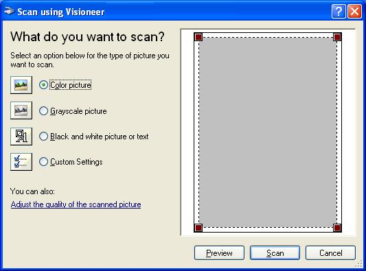 100 VISIONEER ONETOUCH 7400 USB SCANNER INSTALLATION GUIDE 2. The scan window opens. Use this window to select scanning options and start the scan process. 3.