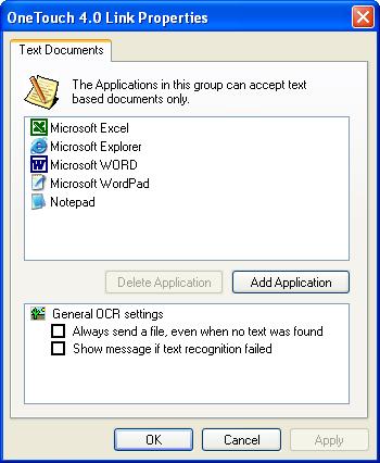 CONFIGURING THE ONETOUCH BUTTON OPTIONS 33 TEXT DOCUMENTS PROPERTIES These properties apply to Microsoft Word, Microsoft Excel, and the other applications indicated by their icons in the list.
