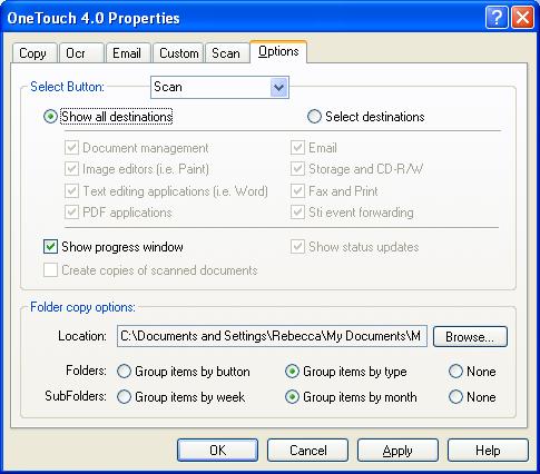 CONFIGURING THE ONETOUCH BUTTON OPTIONS 47 ONETOUCH OPTIONS TAB From the OneTouch Options tab you can choose what type of applications appear in each button s tab destination list.