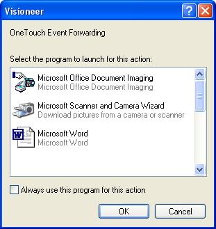70 VISIONEER ONETOUCH 7400 USB SCANNER INSTALLATION GUIDE 5. Click OK. The OneTouch Properties window closes. 6. Start scanning using the button you selected for event forwarding.