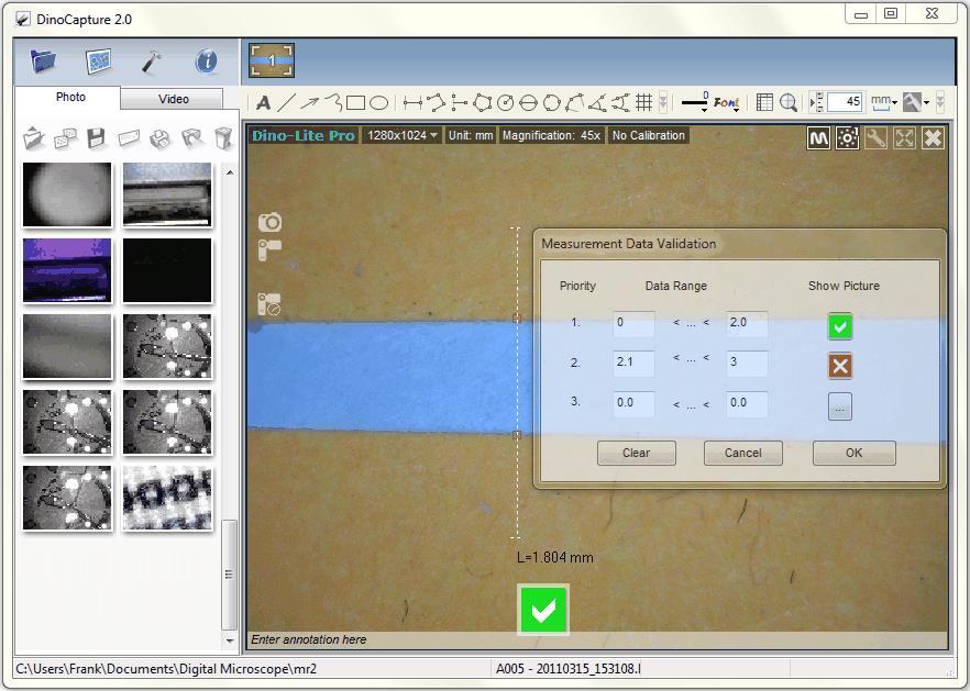 **Show Picture window is selected from the Measurement Data Validation window and clicking on button under Show Picture column. IP Camera Mode Setup in DinoCapture 2.
