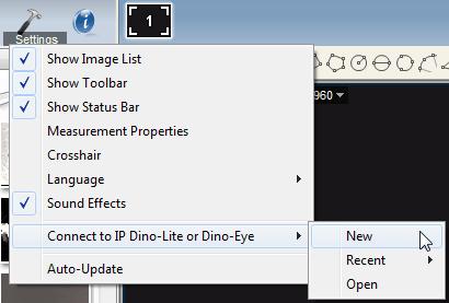 4. Then click on New 5. The New Connection window will pop up where you can fill in information to connect to the remote Dino-Lite or Dino-Eye.
