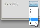 Buttons Decimals Select the decimal places to be shown on measurements. 1= 1 decimal places= 0.1 2 = 2 decimal places = 0.01 3 =3 decimal places = 0.001 4 =4 decimal places = 0.