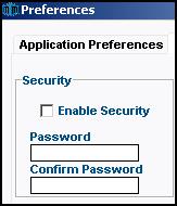2. Click OK. Security This option controls the password security option. The security feature is activated when this option is selected. 1. Click to check the Enable Security option. 2.