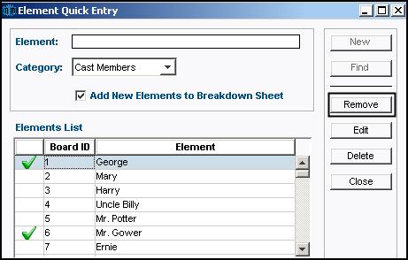 Selecting an unchecked Element will activate the Insert Button, allowing Elements to be inserted into the current Breakdown Sheet.