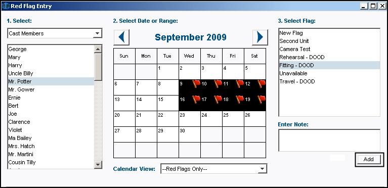 5. Choose a range of dates: Hold down the mouse and drag across all desired dates. The box(es) representing the date(s) will become darkened. 6. Select which type of Flag in the list on the right.