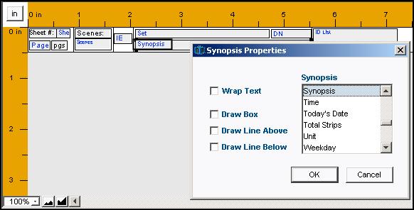 Double-click on one of the Element boxes located on the strip layout. The Properties window will open. 2. Modify the properties of the Element box. 3. Click OK.