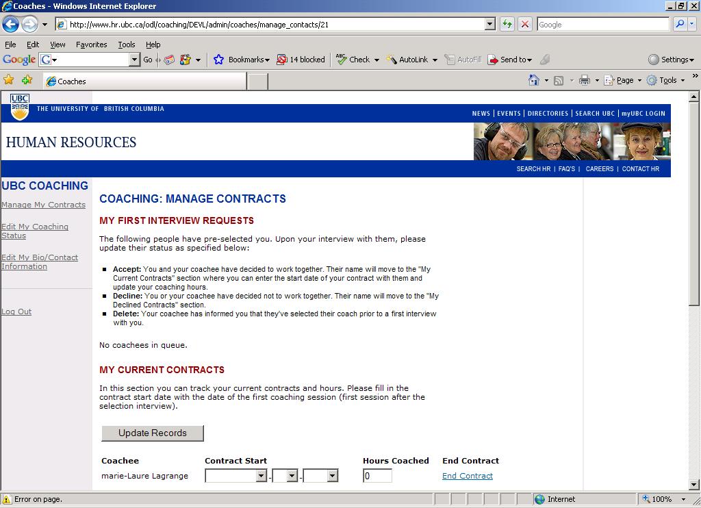UBC Coaching Services Human Resources 9/11 Screen 4: Manage My Contracts What is the purpose of this screen?