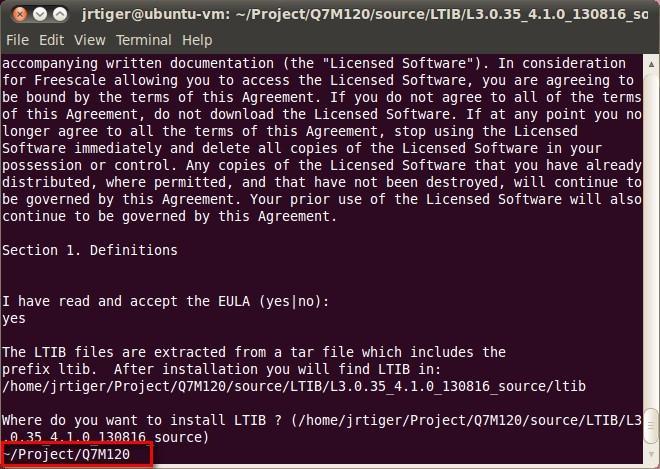 2.1.2 Install LTIB 1. Build your own project folder. $ mkdir -p ~/Project/your_project 2. Extract the source tar ball with the following command: $ tar zxf L3.0.35_4.1.0_130816_source.tar.gz Note that you can get this file from Axiomtek official website: Download LTIB_IMX6.