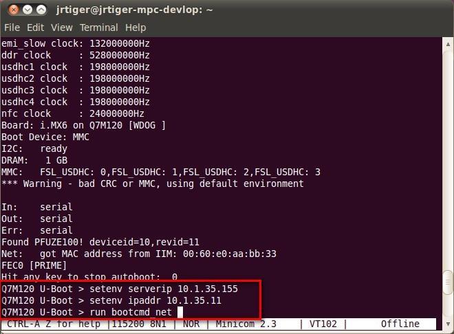 Running the image on the target This chapter explains how to run an image on the target from downloaded device and NFS. Running the Image from NFS To boot from NFS, do as follows: 1.