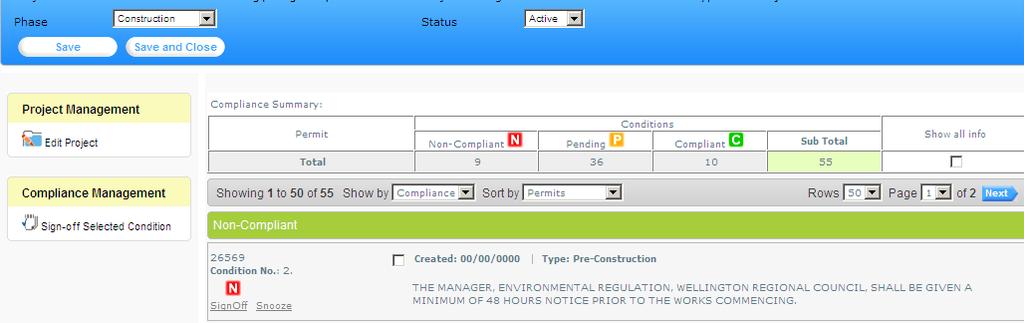 3 - MANAGE PROJECT Clicking on the Manage Project Icon: Shows the number of permits, conditions and also the compliance status.