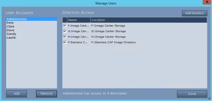 Click on a user on the left. The Directory Access pane shows you which Image Directories that user is allowed to access.