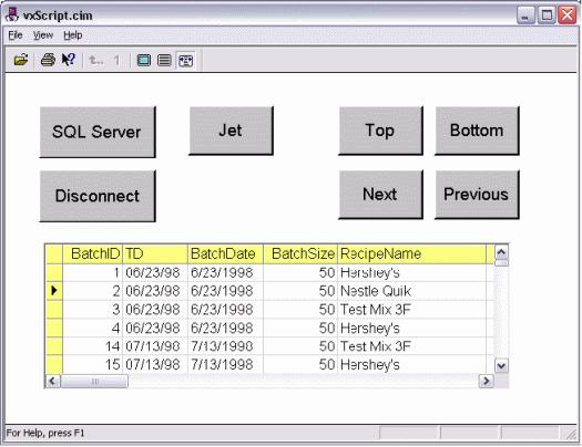 Using VisiconX Using VisiconX Properties and Methods in the run-time environment Below is the script associated with the SQL Server button in the preceding illustration.