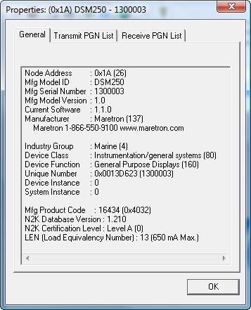 N2KAnalyzer User s Manual Figure 16 -- Device Properties Window: General Tab The General tab displays the following information: Node Address Each device on an NMEA 2000 network claims a node address