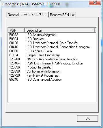 N2KAnalyzer User s Manual Figure 17 -- Device Properties Window: Transmit PGN List Tab The Receive PGN List shows a list of the messages that this device is capable of