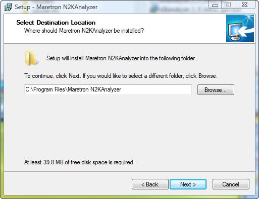N2KAnalyzer User s Manual Figure 2 -- Select Destination Location Screen By browsing or by typing in the name directly, enter then name of directory in which you wish the software to