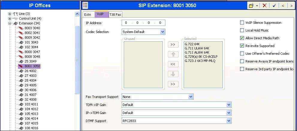 The following screen shows the Extn tab for the extension corresponding to an Avaya 1140E. The Base Extension field is populated with 3050, the extension assigned to the Avaya 1140E.