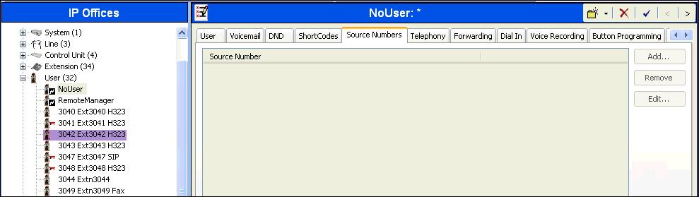 To configure Avaya IP Office to use PAI for privacy calls, navigate to User NoUser in the Navigation Pane. Select the Source Numbers tab in the Details Pane. Click the Add button.