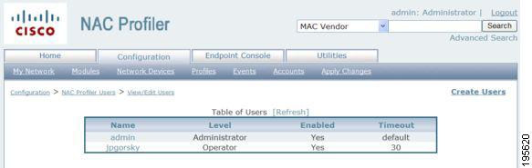 Managing Cisco NAC Profiler Web User Accounts Chapter 14 Figure 14-4 Table of NAC Profiler UI Users Edit UI Interface User Accounts Existing user interface user accounts on the NAC Profiler system