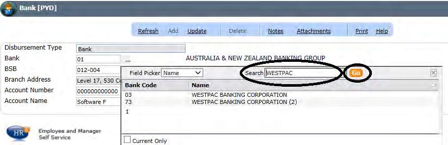Click in the search field, type the bank name in
