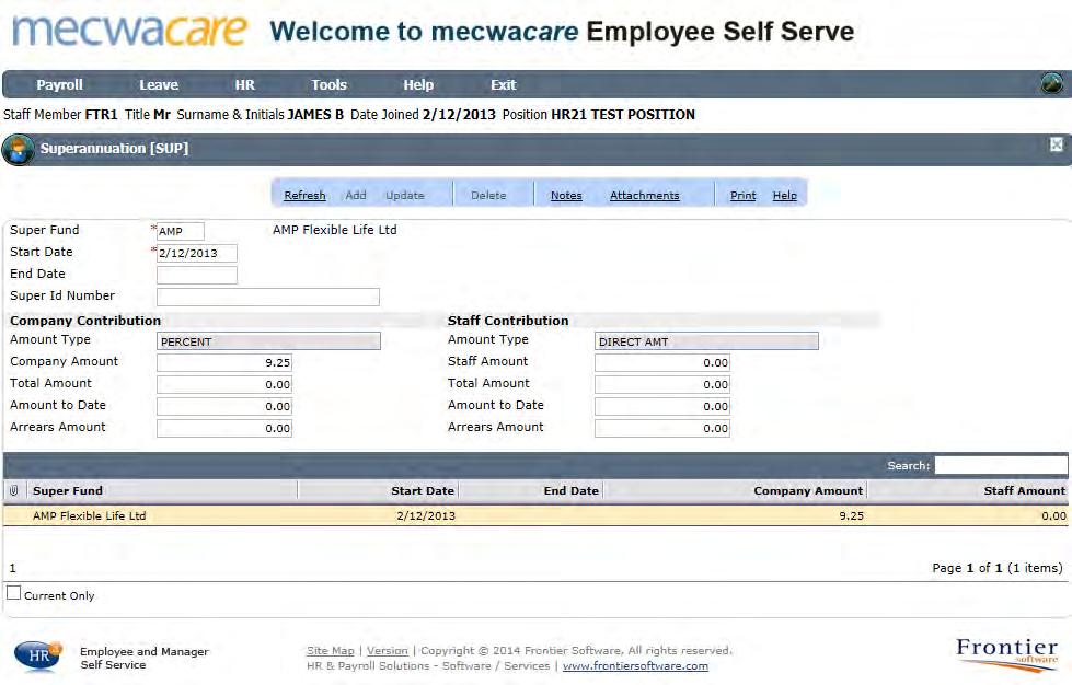 To view another superannuation account select the relevant type in the list at the bottom of the screen, this will populate the field above.