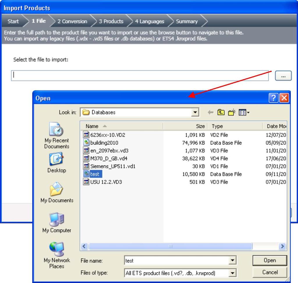 Figure 11: Import Wizard, file selection Product data of previous ETS versions is converted by ETS into XML format.