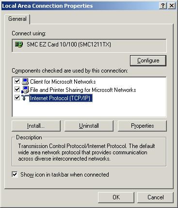 Network Configuration 3. Click the Properties button to get to the Local Area Connection Properties. 4. Select Internet Protocol (TCP/IP) and click the Properties button. 31 5.