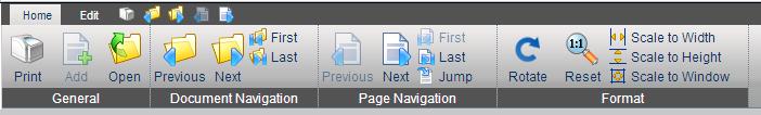 Document Navigation The Browser Based viewer features an intuitive ribbon interface with large icons representing groups of related operations, such as scaling, zooming, and document/page navigation