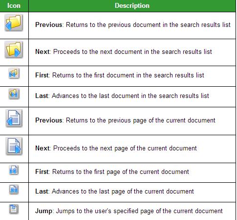 Document and Page Navigation Depending on the number of documents found in the search and the number of pages comprising each, some of the navigational toolbar icons may be disabled.