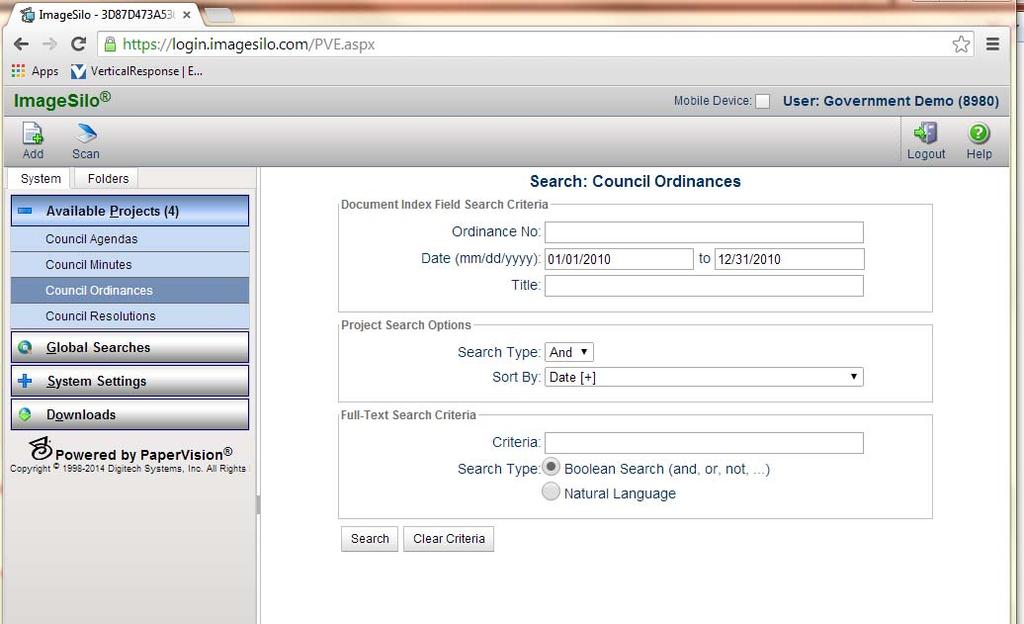 Searching (System View) Click on the Ordinances project to display the Search Criteria screen.